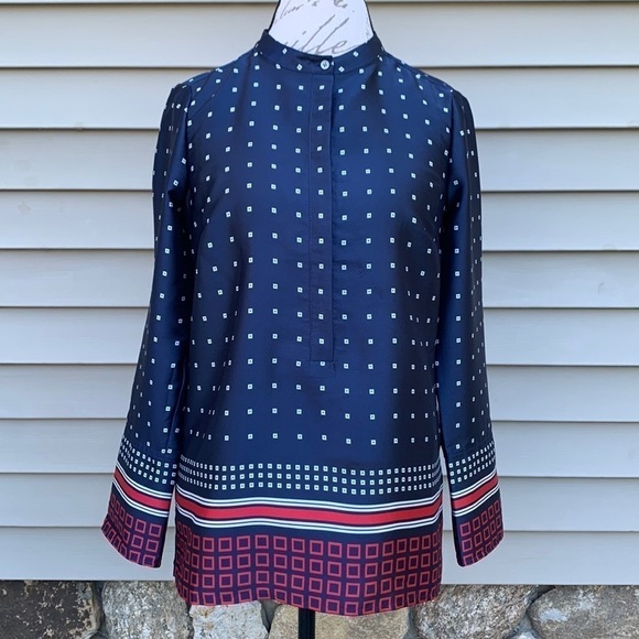 J Crew Drapey In Ratti Blue Red Geometric Print Long Sleeve High Low Tunic - Picture 2 of 16